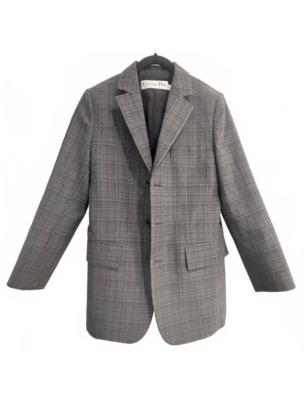 Christian Dior Women's Plaid Wool 3-Button Suit Blazer Jacket Gray Size 2